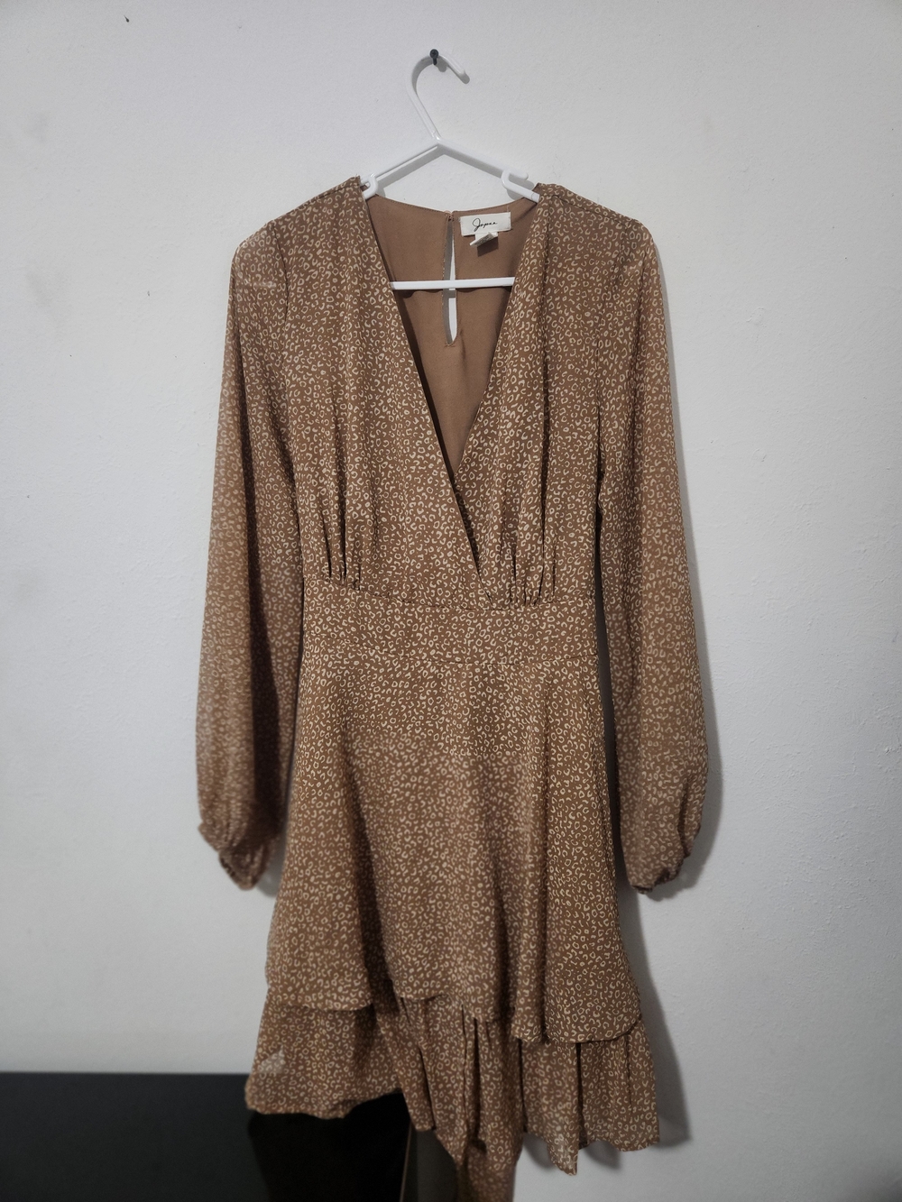 Summer Dress Brown Printed Long Sleeve V-Neck